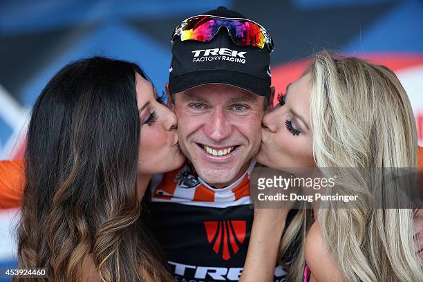 Jens Voigt of Germany riding for Trek Factory Racing celebrates on the podium as he is awarded the most aggressive rider's jersey for stage four of...