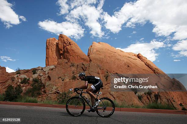 Jens Voigt of Germany riding for Trek Factory Racing rides through the Garden of the Gods Park during stage four of the 2014 USA Pro Challenge on...