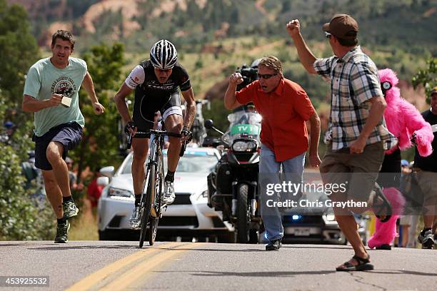 Jens Voigt of Germany riding for Trek Factory Racing rides through fans in the Garden of the Gods Park during stage four of the 2014 USA Pro...