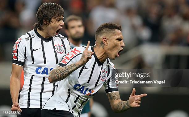 Guerrero of Corinthians celebrates scoring the first goal with Angel Romero during the match between Corinthians and Goias for the Brazilian Series A...