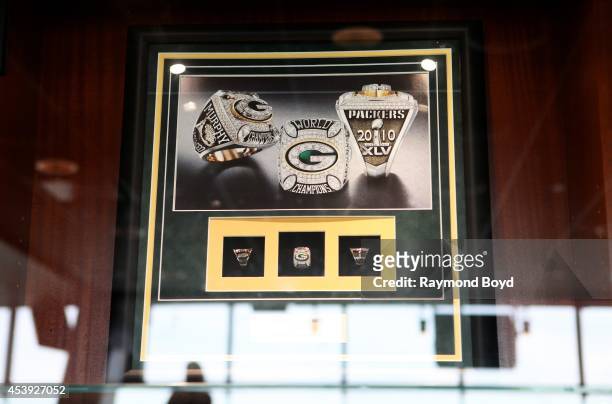 Green Bay Packers 2010 Super Bowl XLV rings are displayed in the Champions Club at Lambeau Field, home of the Green Bay Packers football team on...