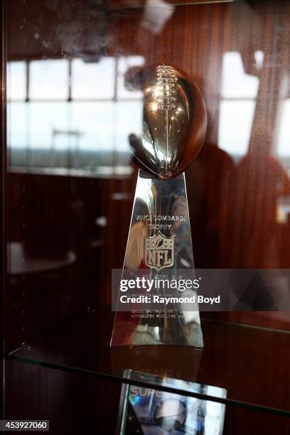 Green Bay Packers Super Bowl XLV trophy is displayed in the Champions Club at Lambeau Field, home of the Green Bay Packers football team on August...