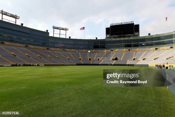 Green Bay Packers playing field at Lambeau Field, home of the Green Bay Packers football team on August 16, 2014 in Green Bay, Wisconsin.
