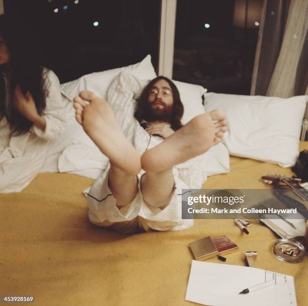 1st MARCH: John Lennon from the Beatles and his wife Yoko Ono in the Presidential suite of the Hilton hotel in Amsterdam, Netherlands in March 1969.