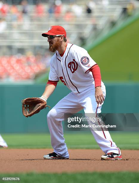 Adam LaRoche of the Washington Nationals fields during the game against the New York Mets at Nationals Park on August 7, 2014 in Washington, DC. The...