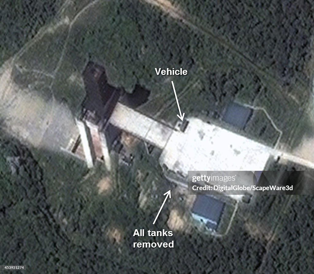 Figure 3-B. Tanks have been removed from the engine test stand. Note: image rotated.
Date: August 8, 2014.  Analysis published on 38 North.