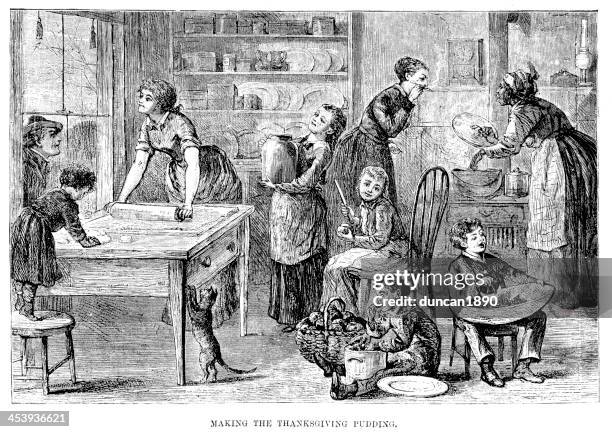 stockillustraties, clipart, cartoons en iconen met making the thanksgiving pudding - old fashioned thanksgiving