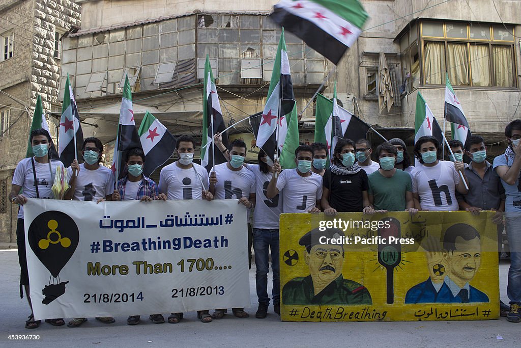 A protest stand in the first anniversary of the chemical...