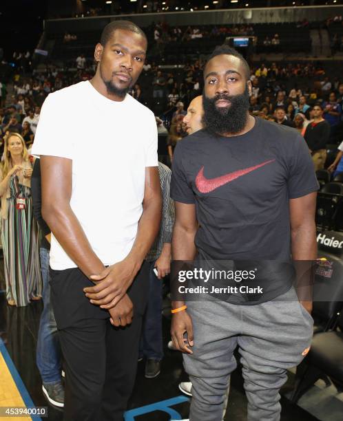 Kevin Durant and James Harden attend the 2014 Summer Classic Charity Basketball Game at Barclays Center on August 21, 2014 in New York City.