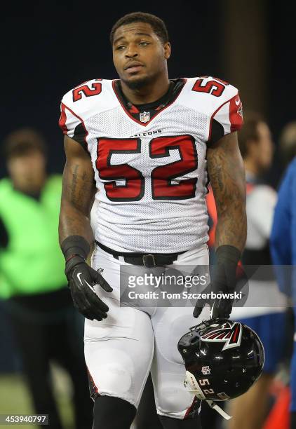 Akeem Dent of the Atlanta Falcons warms up before playing an NFL game against the Buffalo Bills at Rogers Centre on December 1, 2013 in Toronto,...