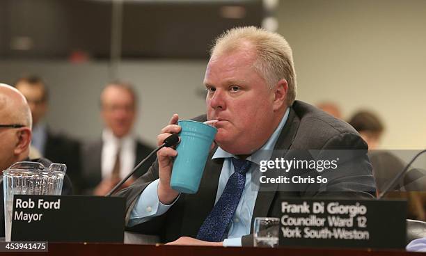 Mayor Rob Ford at council meeting takes a sip of his drink. December 5, 2013.