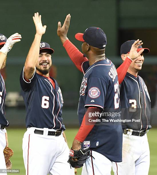 August 15: Washington Nationals third baseman Anthony Rendon greets relief pitcher Rafael Soriano after their 5-4 win over the Pittsburgh Pirates on...