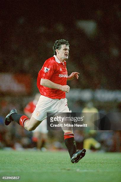 Welsh footballer Mark Hughes playing for Manchester United in an English Premier League match against Norwich City at Old Trafford, Manchester, 12th...