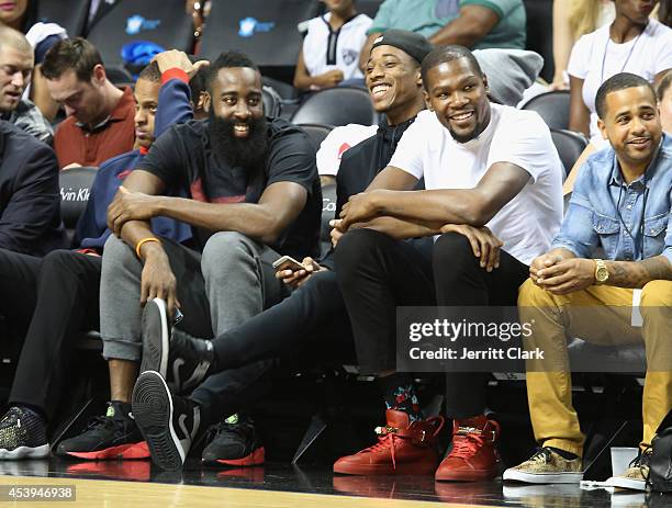 James Harden, DeMar DeRozan and Kevin Durant attend the 2014 Summer Classic Charity Basketball Game at Barclays Center on August 21, 2014 in New York...