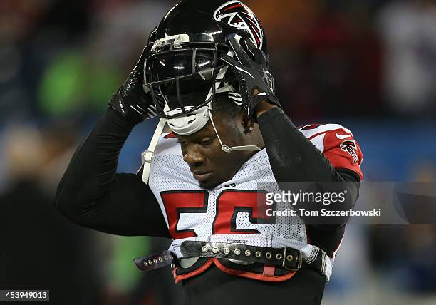 Sean Weatherspoon of the Atlanta Falcons warms up before an NFL game against the Buffalo Bills at Rogers Centre on December 1, 2013 in Toronto,...