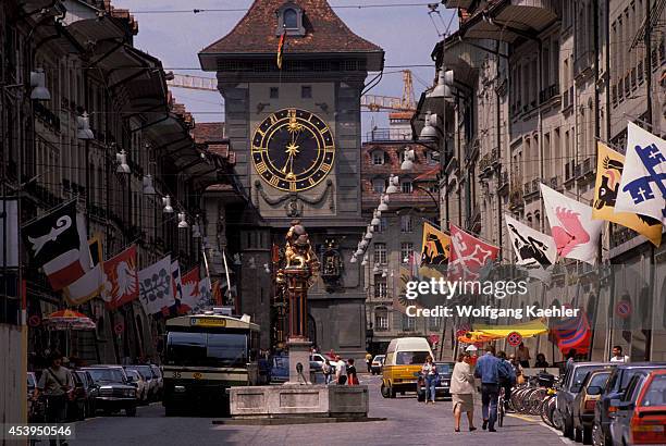 Switzerland, Bern, Kramgasse, With Clock Tower.