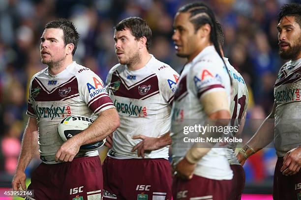 Jamie Lyon of the Sea Eagles looks dejected after an Eels try during the round 24 NRL match between the Parramatta Eels and the Manly Sea Eagles at...