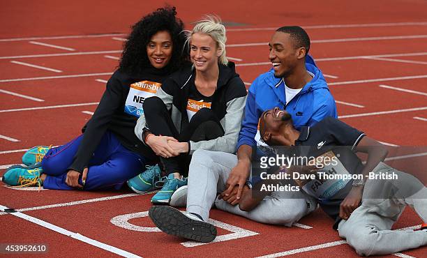 Ashleigh Nelson, Linsey Sharp, Matthew Hudson-Smith and Mo Farah of Great Britain during a press conference prior to Sunday's Sainsbury's Birmingham...