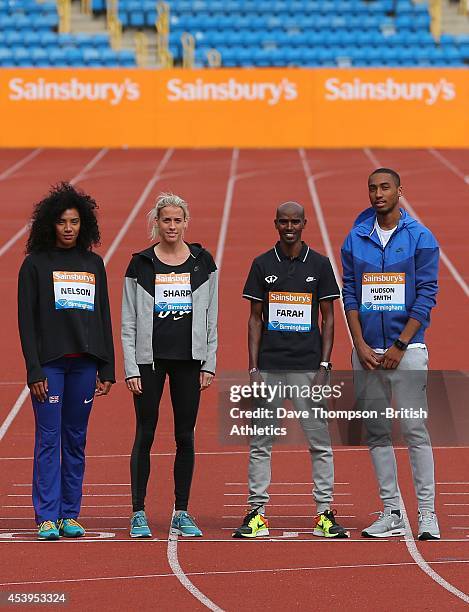 Ashleigh Nelson, Linsey Sharp, Mo Farah and Matthew Hudson-Smith of Great Britain during a press conference prior to Sunday's Sainsbury's Birmingham...