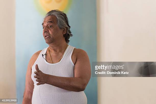 Prashant Iyengar seen teaching a yoga class at the B.K.S. Iyengar Memorial Yoga Institute in March of 2012 in Pune, India.