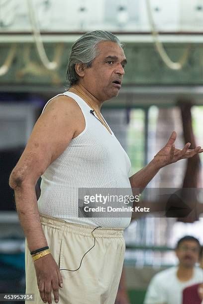 Prashant Iyengar seen teaching a yoga class at the B.K.S. Iyengar Memorial Yoga Institute in March of 2012 in Pune, India.