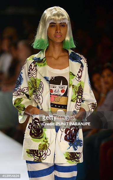 An Indian model showcases a creation by Australian designers Pamela Eastern and Lydia Pearson on the third day of Lakme Fashion Week Winter/Festival...