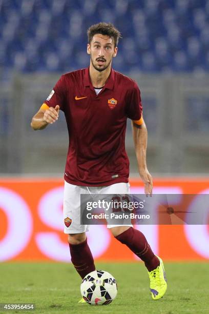 Davide Astori of AS Roma in action during the pre-season friendly match between AS Roma and Fenerbache SK at Stadio Olimpico on August 19, 2014 in...