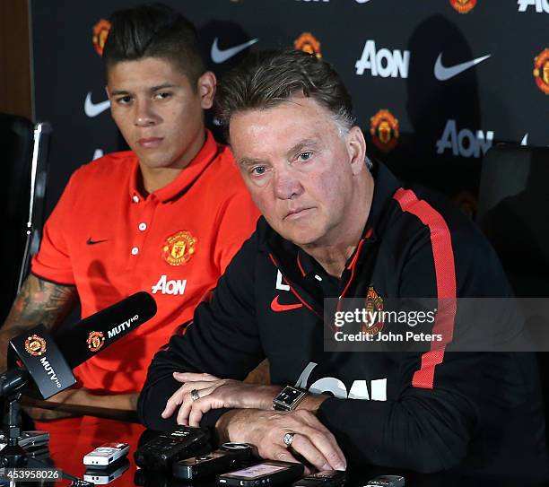 Manager Louis van Gaal of Manchester United speaks at a press conference to unveil new signing Marcos Rojo at Aon Training Complex on August 22, 2014...