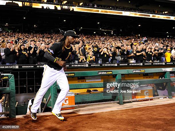 Andrew McCutchen of the Pittsburgh Pirates takes the field during the National League Wild Card game against the Cincinnati Reds on Tuesday, October...