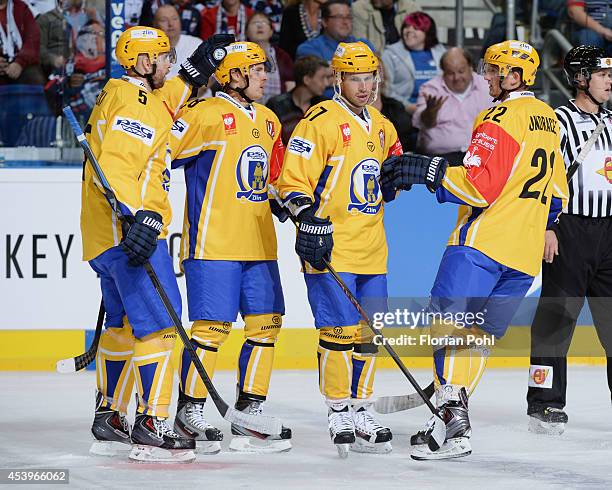 Ondrej Vesely of PSG Zlin celebrates with team-mates after scoring the second goal during the Champions Hockey League group stage game between...