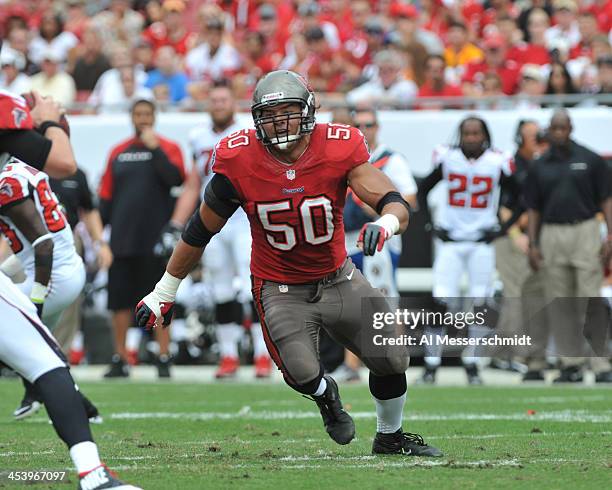 Defensive end Daniel Te'o-Nesheim of the Tampa Bay Buccaneers rushes against the Atlanta Falcons November 17, 2013 at Raymond James Stadium in Tampa,...