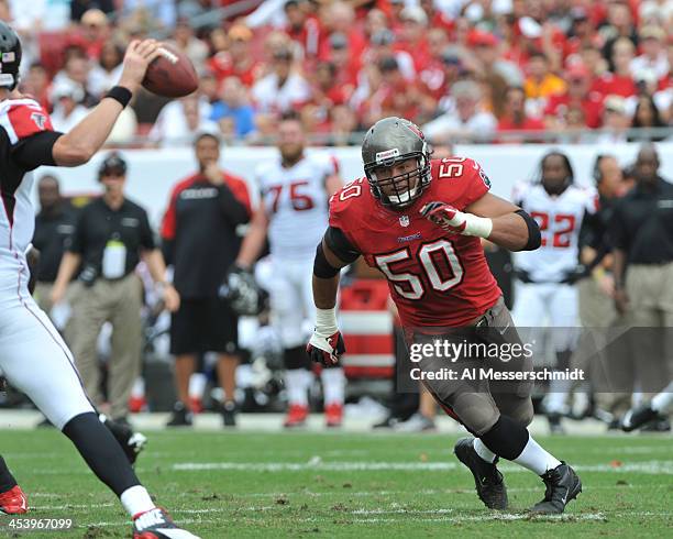 Defensive end Daniel Te'o-Nesheim of the Tampa Bay Buccaneers rushes against the Atlanta Falcons November 17, 2013 at Raymond James Stadium in Tampa,...