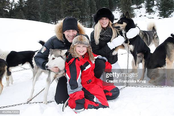 Gedeon Burkhard, Gioia Filomena Burkhard and Anika Bormann attend the Sledge Dog Race Training - Tirol Cross Mountain 2013 on December 06, 2013 in...