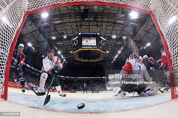 Marcus Oskarsson of Lulea saves a goal during the Champions Hockey League group stage game between Hamburg Freezers and Lulea Hockey on August 22,...