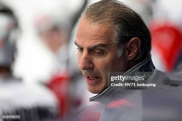 Felix Hollenstein , headcoach of Kloten Flyers during the Champions Hockey League group stage game between HV71 Jonkoping and Kloten Flyers on August...