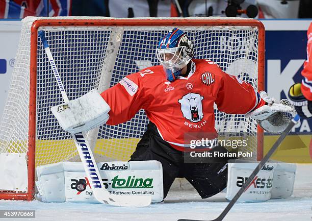 Petri Vehanen of Eisbären Berlin saves a shoot on goal during the Champions Hockey League group stage game between Eisbaeren Berlin and HC Zlin on...