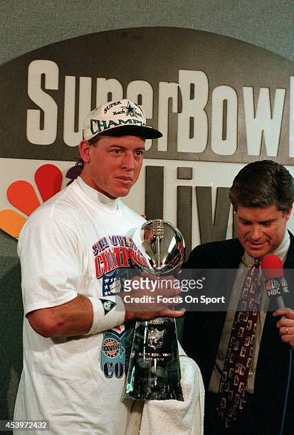 Quarter Back Troy Aikman of the Dallas Cowboys with the Vince Lombardi Trophy after the Cowboys defeated the Buffalo Bills 30-13 in Super Bowl XXVIII...