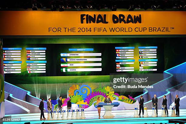 Group F containing Argentina,Bosnia-Herzegovina, Iran and Nigeria is displayed on the big screen on stage behind the draw assistants, Fernanda Lima...