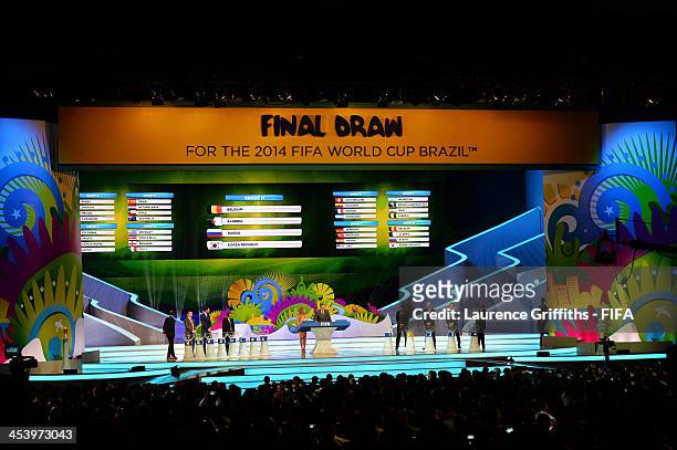 Group H containing Belgium, Algeria, Russia and Korea Republic is displayed on the big screen on stage behind the draw assistants, Fernanda Lima and...