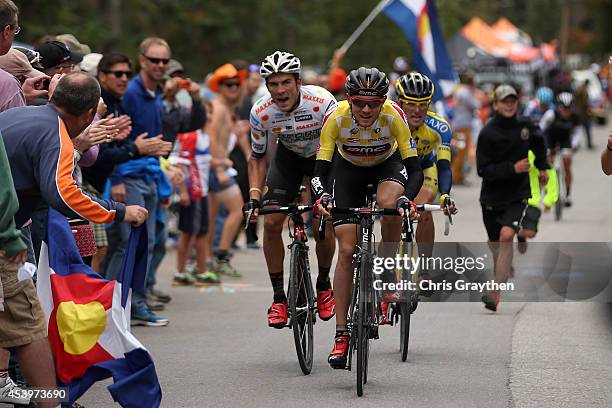 Tejay van Garderen of the United States riding for the BMC Racing Team leads Serghei Tvetcov of Romania riding for Jelly Belly presented by Maxxis...