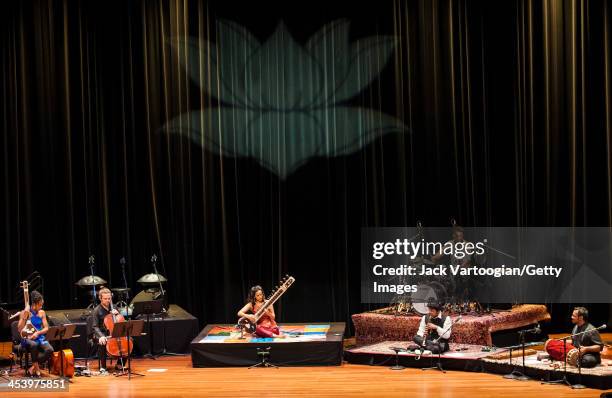 British-born Indian musician Anoushka Shankar plays sitar as she leads her ensemble during a World Music Institute concert at New York University's...