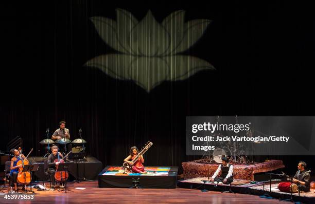 British-born Indian musician Anoushka Shankar plays sitar as she leads her ensemble during a World Music Institute concert at New York University's...