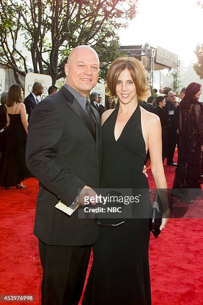 Pictured: Michael Chiklis and Michelle Moran arrive at the 60th Annual Golden Globe Awards held at the Beverly Hilton Hotel on January 19, 2003 --