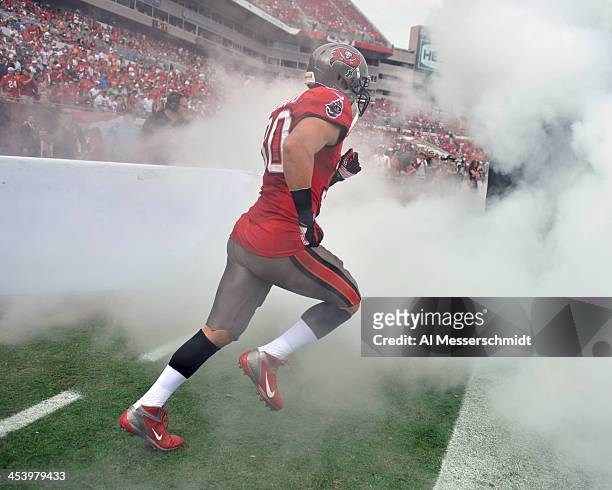 Running back Brian Leonard of the Tampa Bay Buccaneers takes the field for play against the Atlanta Falcons November 17, 2013 at Raymond James...