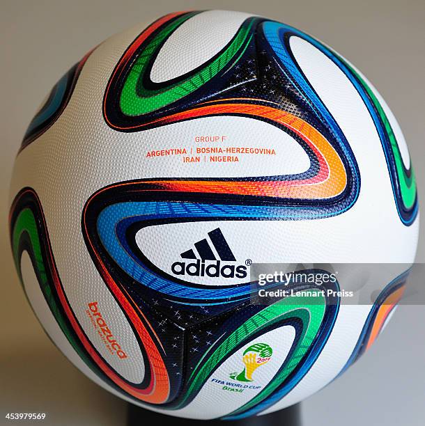 The draw for Group F of the FIFA World Cup 2014 Brazil with Argentina, Bosnia-Herzegovina, Iran and Nigeria is printed on a Brazuca match ball on...