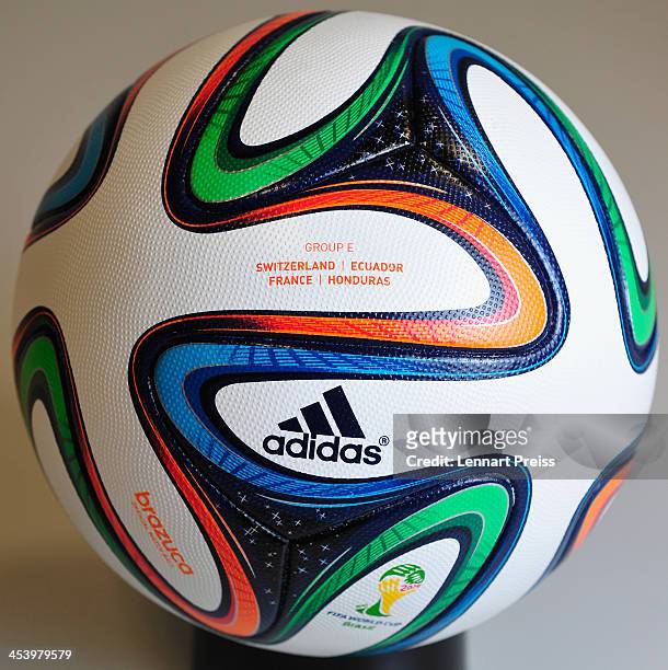 The draw for Group E of the FIFA World Cup 2014 Brazil with Switzerland, Ecuador, France and Honduras is printed on a Brazuca match ball on December...
