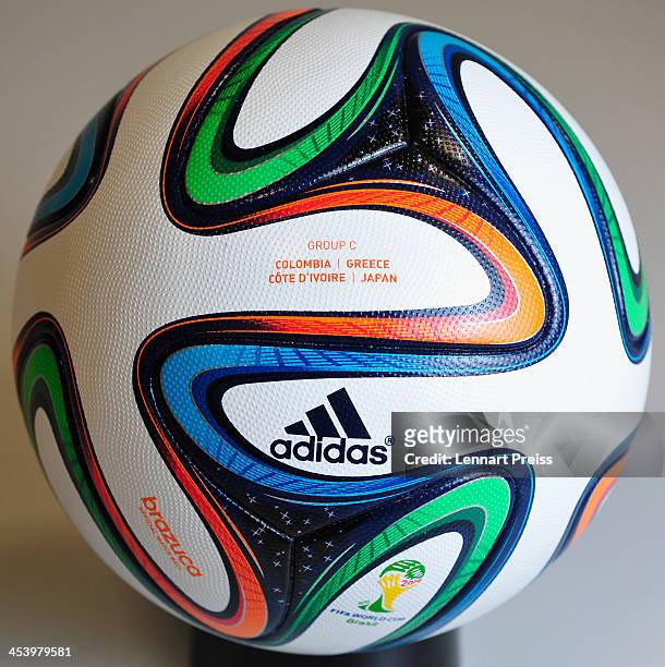 The draw for Group C of the FIFA World Cup 2014 Brazil with Colombia, Greece, Cote d'Ivoire and Japan is printed on a Brazuca match ball on December...