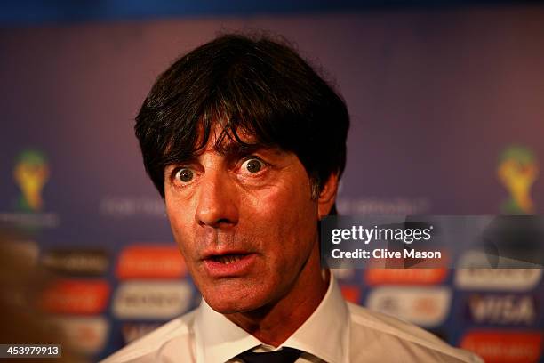 Germany coach Joachim Loew speaks to members of the media after the Final Draw for the 2014 FIFA World Cup Brazil at Costa do Sauipe Resort on...