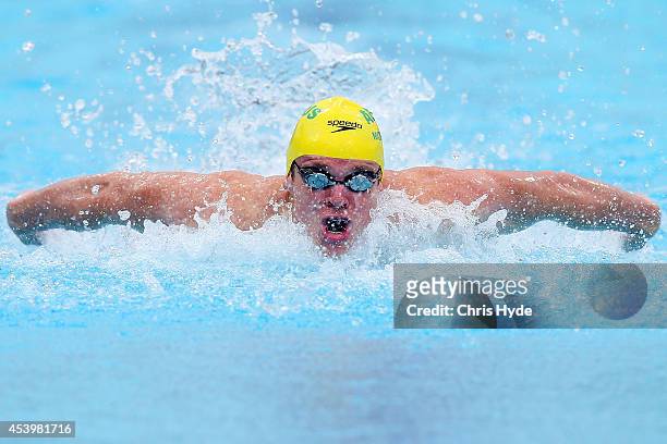 Ned McKendry of Australia swims the Men's 100m Butterfly heats during day three of the 2014 Pan Pacific Championships at Gold Coast Aquatics on...