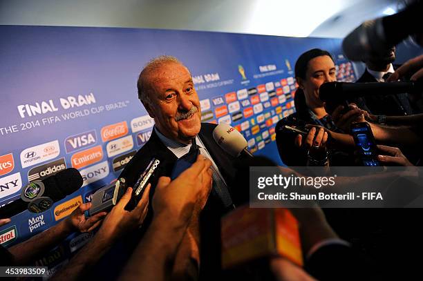 Spain coach Vicente del Bosque speaks to members of the media after the Final Draw for the 2014 FIFA World Cup Brazil at Costa do Sauipe Resort on...